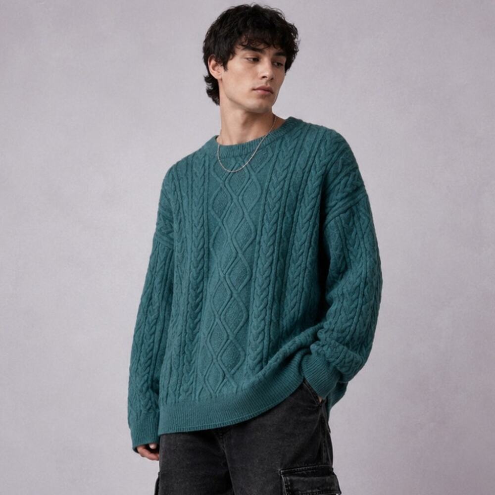 Aelfric Eden Teal Cable Knit Oversized Sweater 90s Vintage Style Size M